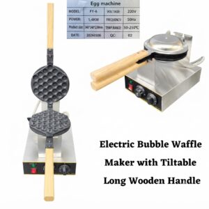 Electric Bubble Waffle Maker with Tiltable Long Wooden Handle