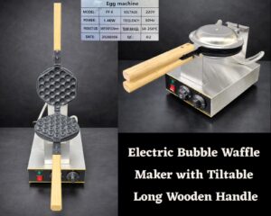 Electric Bubble Waffle Maker with Tiltable Long Wooden Handle