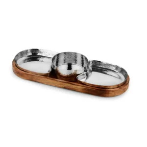 Oval Chip & Dip Serving Tray (Stainless Steel with Wooden Base)