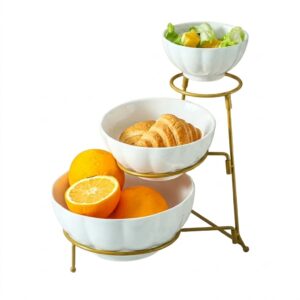 Tiered White Bowl and Gold Metal Stand Set