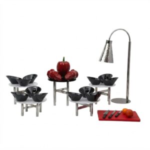 Black Serving Bowls on Metal and White Table Risers