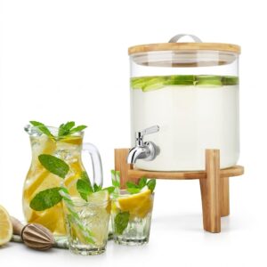 Premium Glass Beverage Dispenser with Wooden Stand